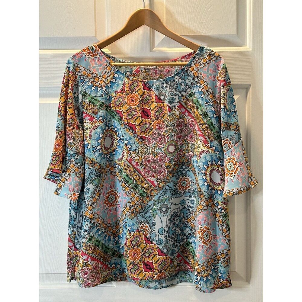 Floral & Ivy Womens Size XL Blouse Ruffle Short Sleeve Multicolor Floral